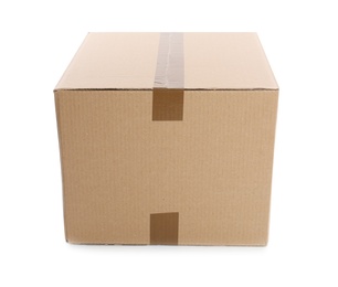 Cardboard parcel box on white background. Mockup for design