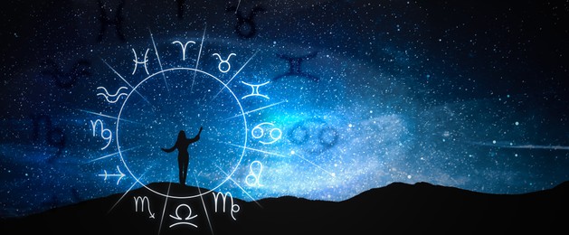 Image of Zodiac wheel and photo of woman in mountains under starry sky at night, space for text. Banner design
