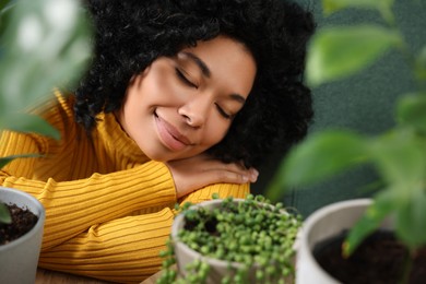 Relaxing atmosphere. Woman napping near potted houseplants