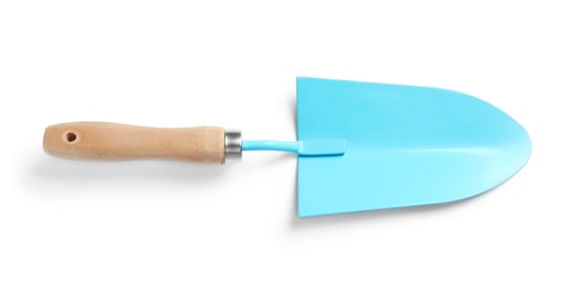 Photo of New trowel on white background. Professional gardening tool