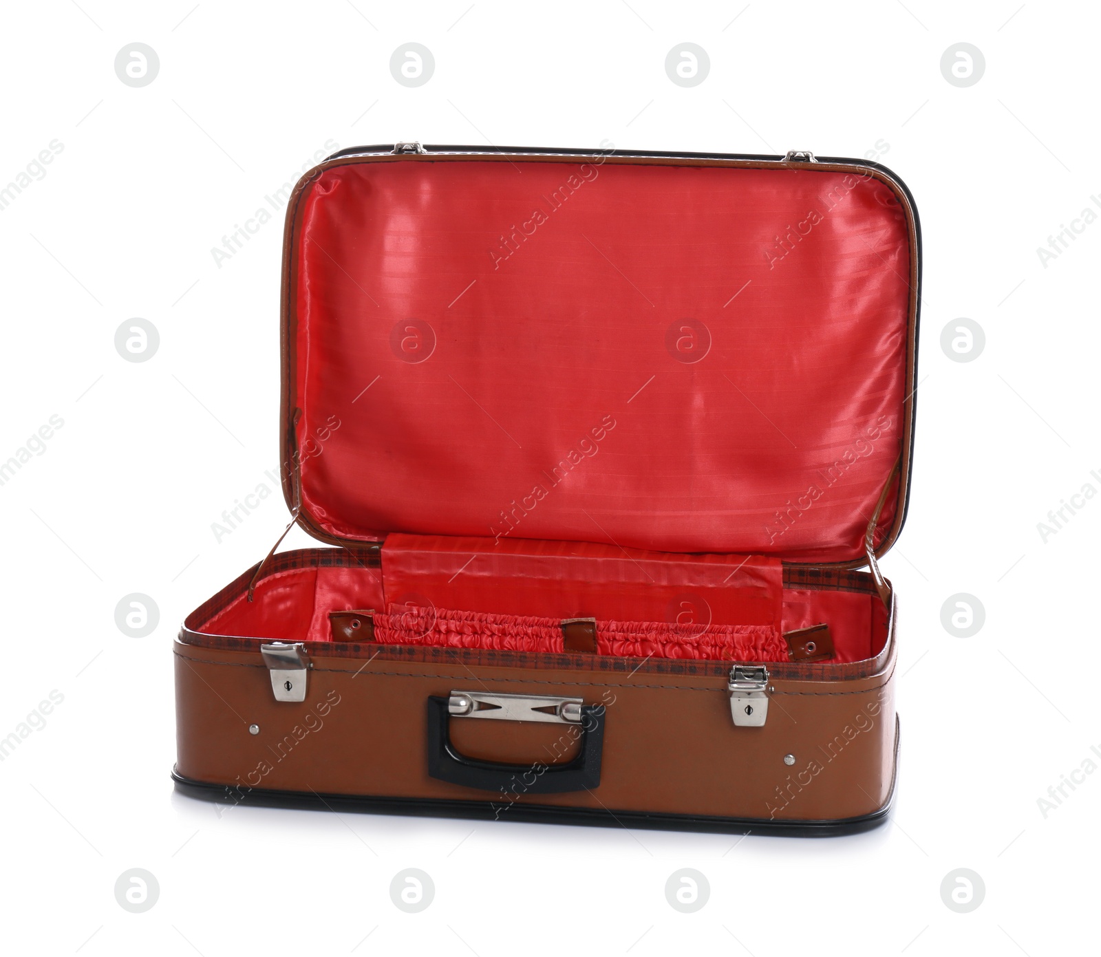 Photo of Open classic brown suitcase on white background