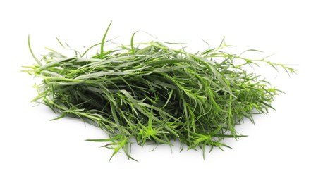Photo of Pile of sprigs and leaves of fresh tarragon on white background