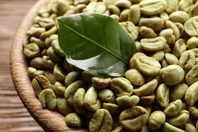 Green coffee beans and leaf in wooden bowl, closeup