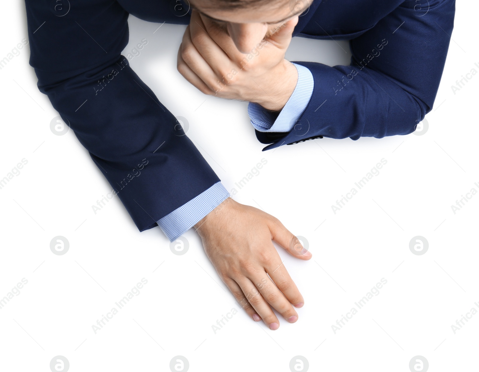 Photo of Business man on white background, top view