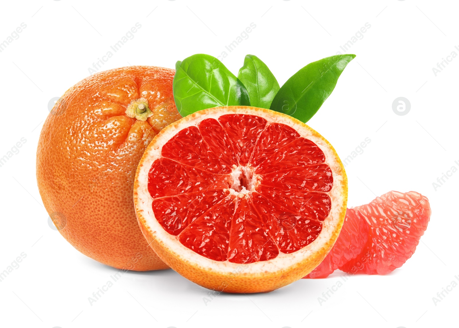 Image of Tasty ripe grapefruits and green leaves on white background