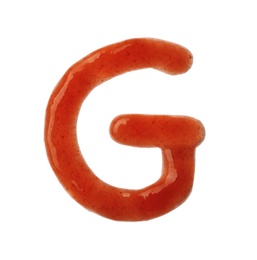 Photo of Letter G written with red sauce on white background