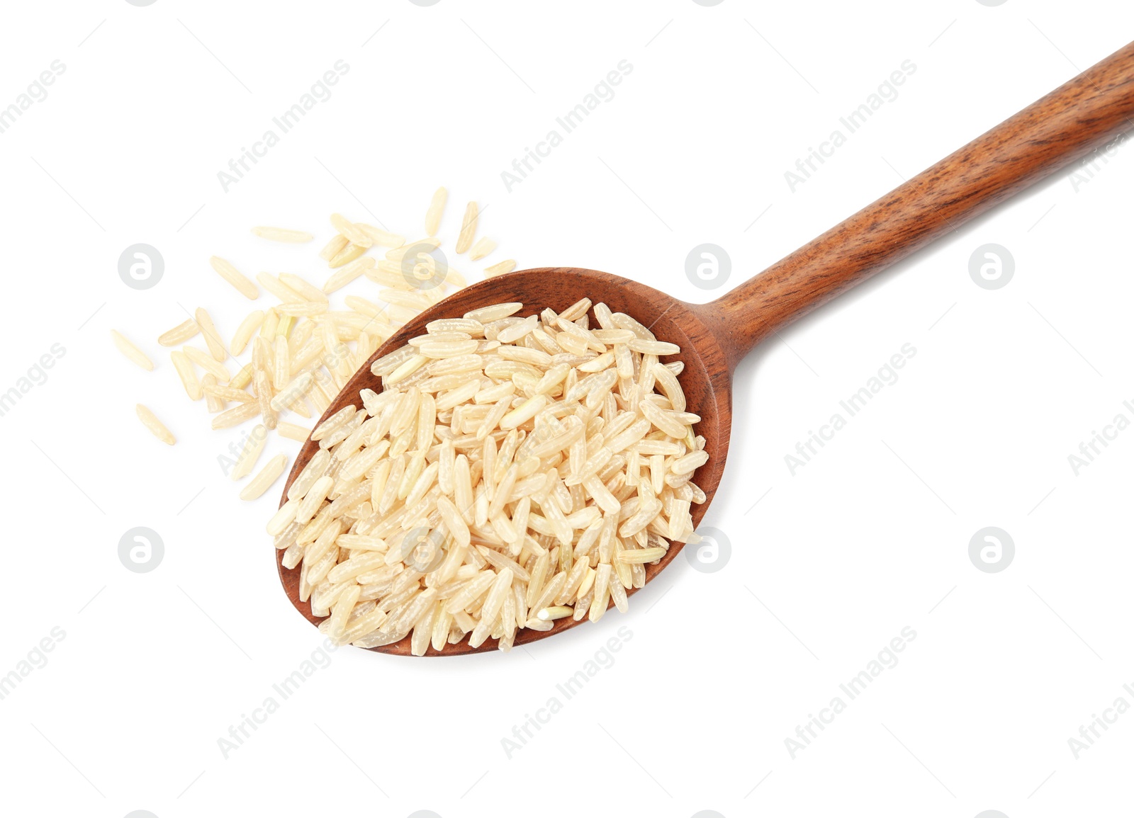 Photo of Spoon with raw unpolished rice on white background, top view