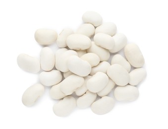 Pile of uncooked navy beans on white background, top view