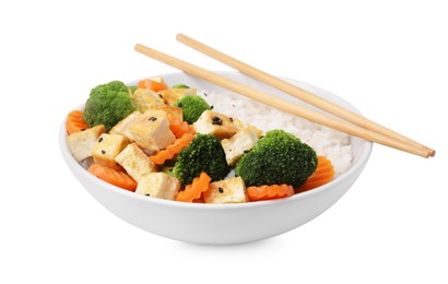 Bowl of rice with fried tofu, broccoli and carrots isolated on white