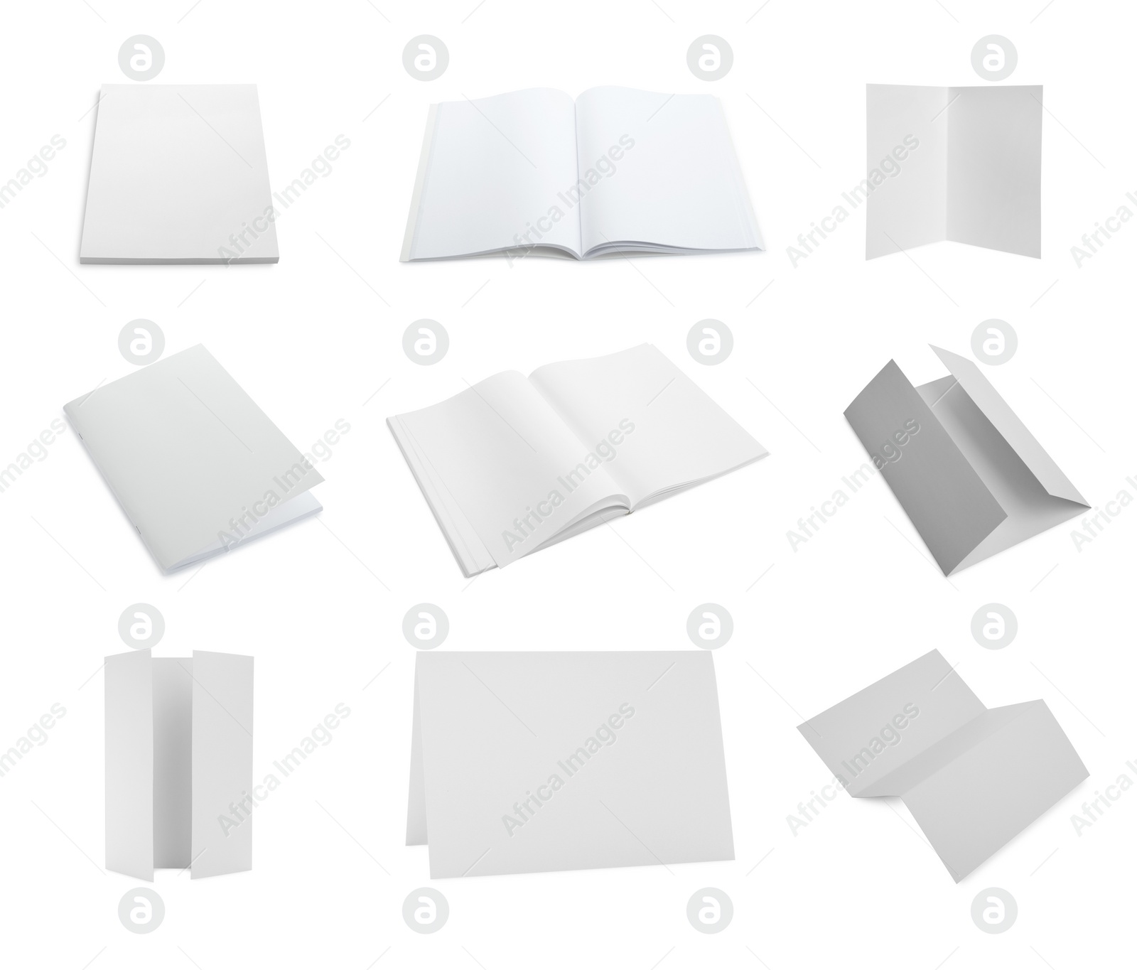 Image of Set with blank paper brochures on white background. Mockup for design