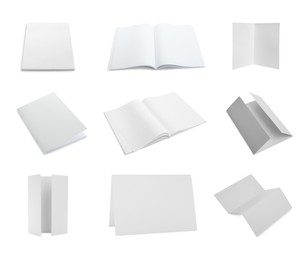 Image of Set with blank paper brochures on white background. Mockup for design