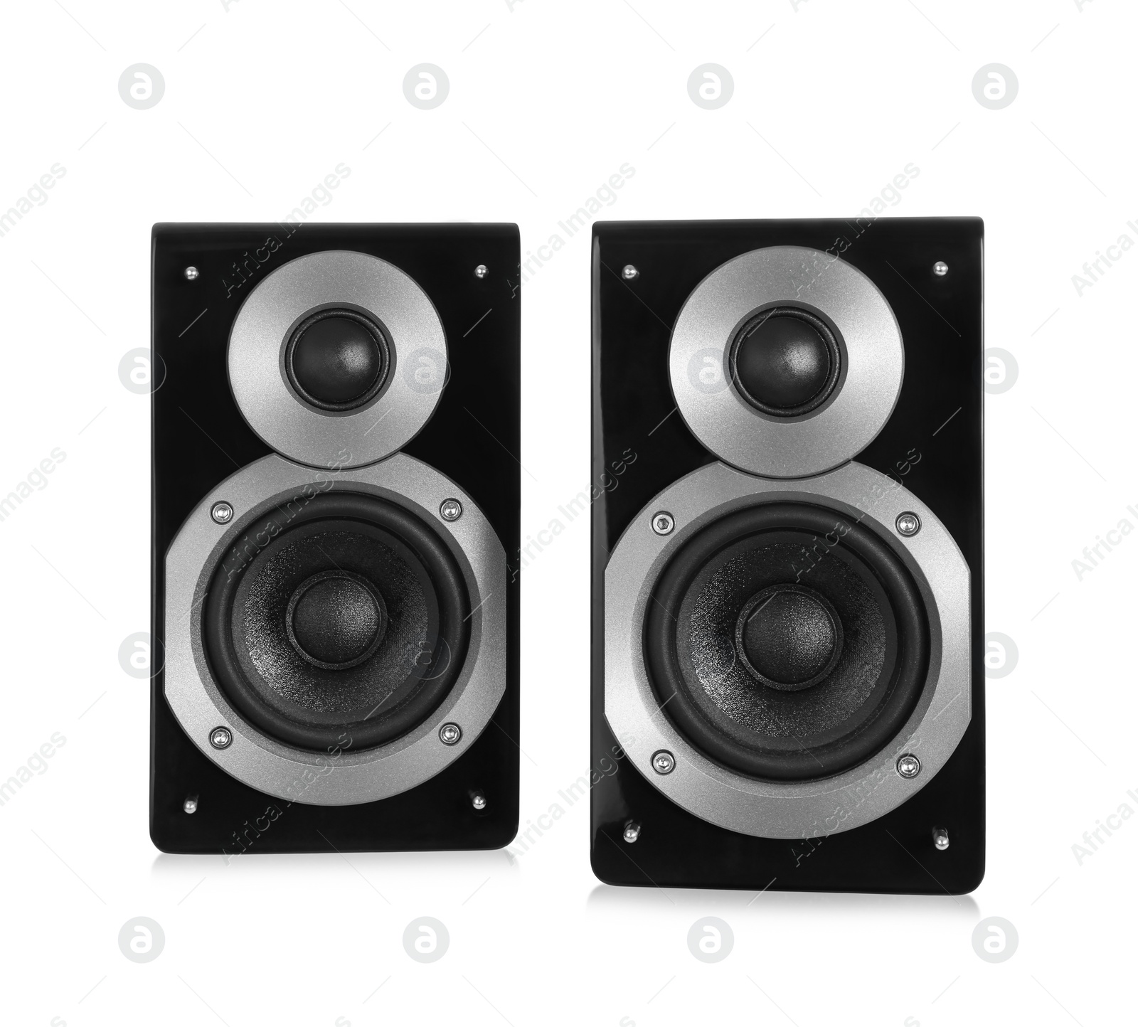 Photo of Modern powerful audio speakers on white background