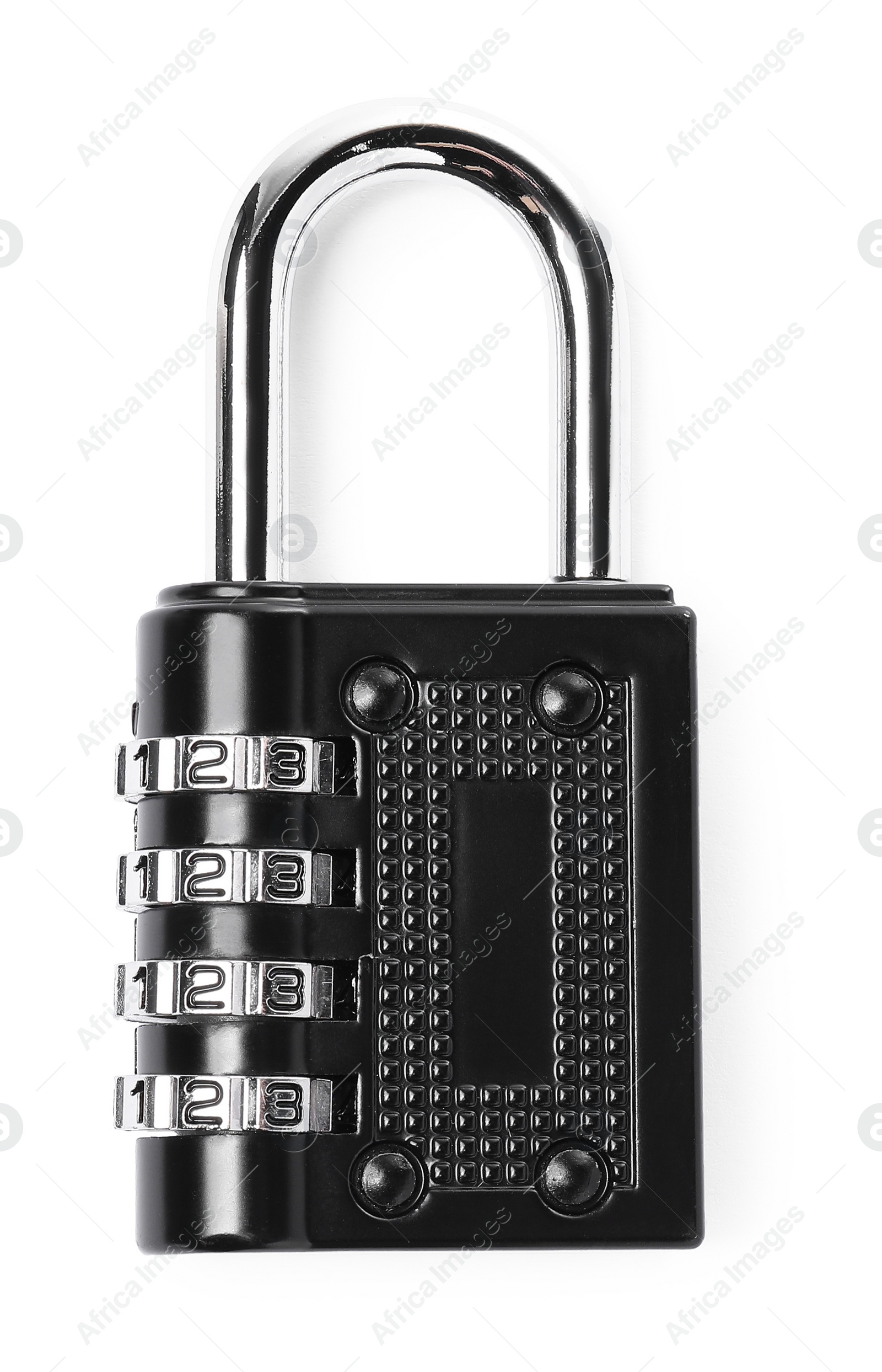 Photo of Locked steel combination padlock isolated on white, top view