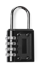 Locked steel combination padlock isolated on white, top view