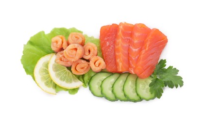 Photo of Delicious salmon sashimi served with lemon, cucumbers, parsley and lettuce isolated on white, top view
