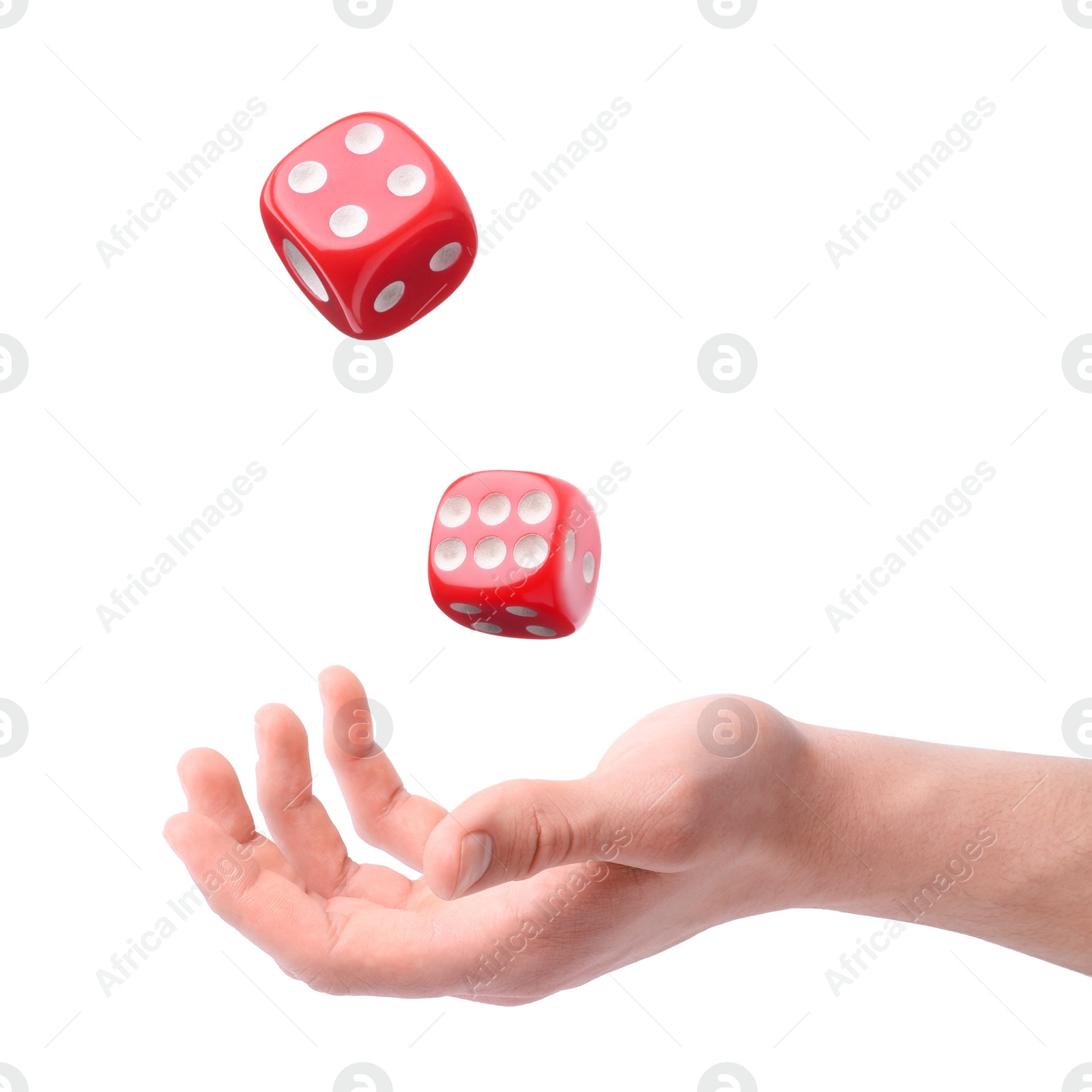 Image of Man throwing red dice on white background, closeup