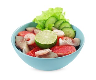 Photo of Delicious mackerel, tuna and shrimps served with cucumbers, lettuce and lime isolated on white. Tasty sashimi dish