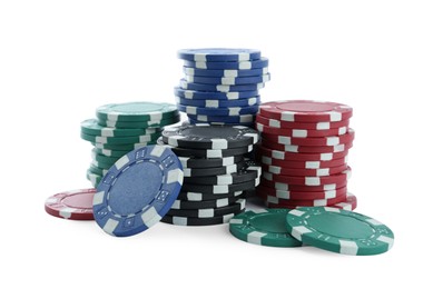 Photo of Casino chips on white background. Poker game
