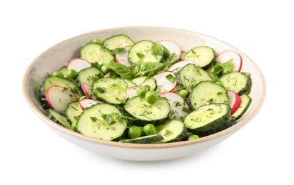 Photo of Appetizing salad with cucumbers, radish and pea in bowl isolated on white