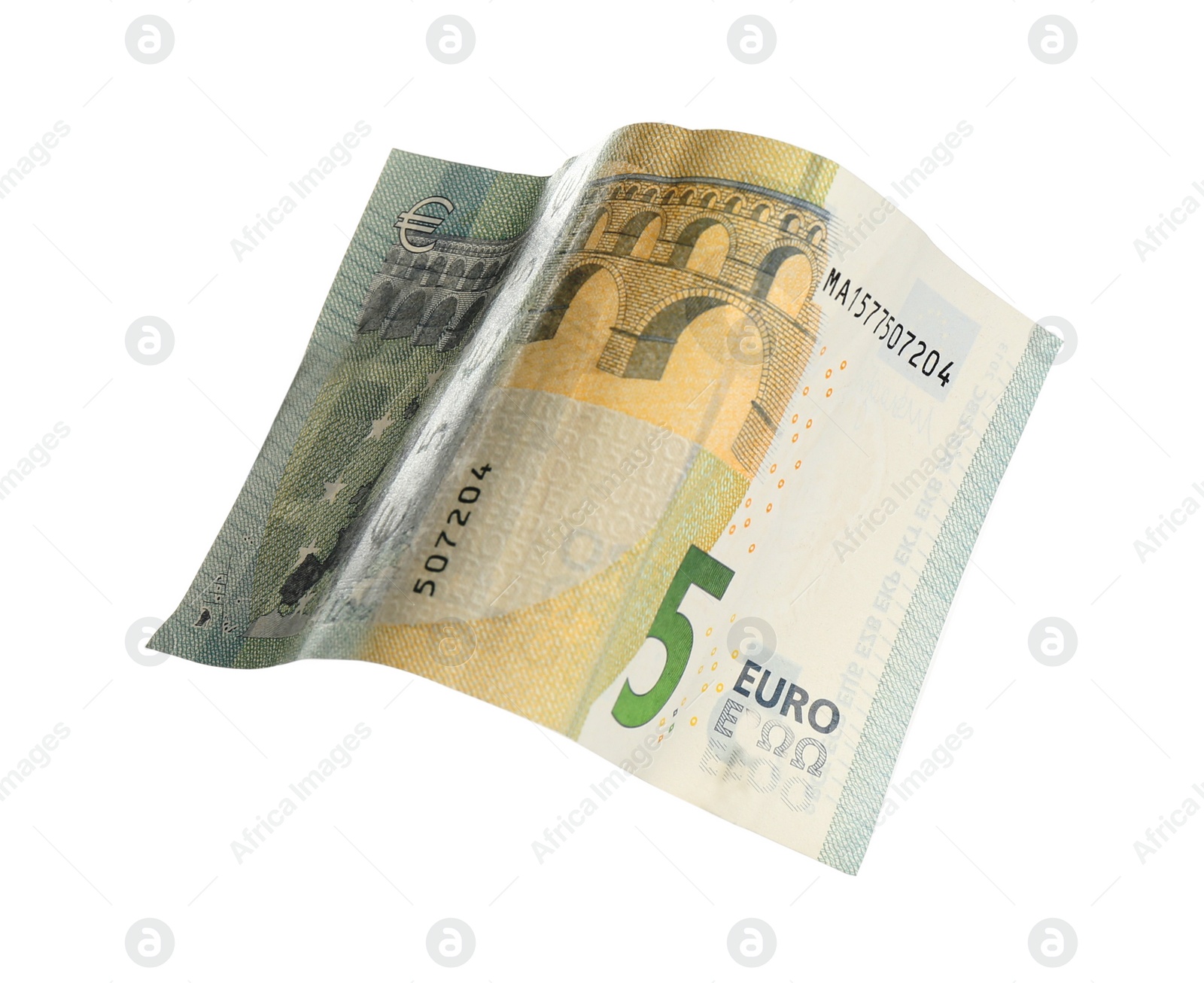 Photo of Euro banknote isolated on white. Flying money