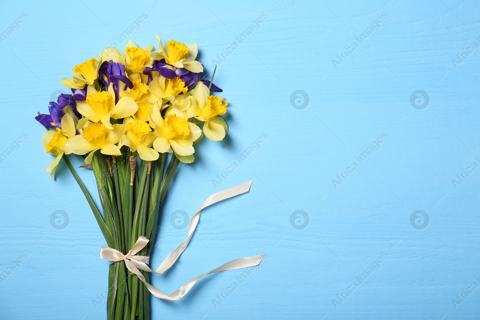 Photo of Bouquet of beautiful yellow daffodils and iris flowers on light blue wooden table, top view. Space for text