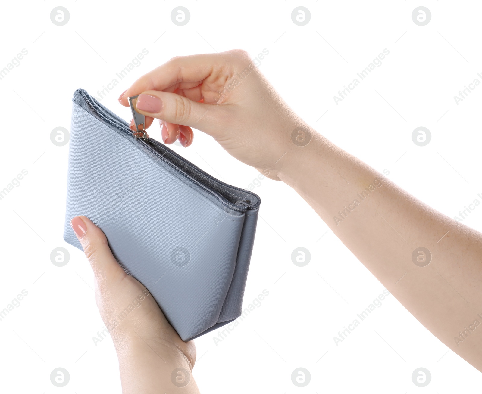 Photo of Woman with cosmetic bag isolated on white, closeup