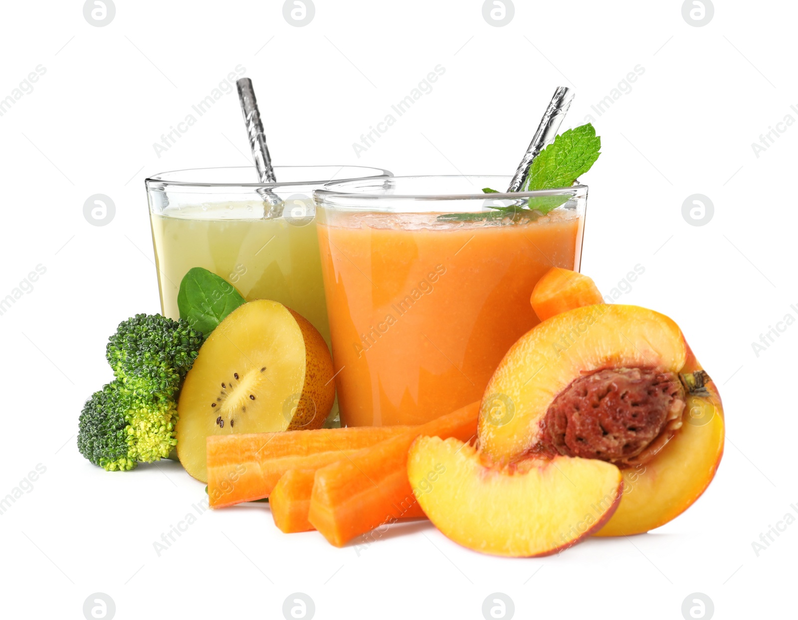 Photo of Glasses of delicious juices and fresh ingredients on white background