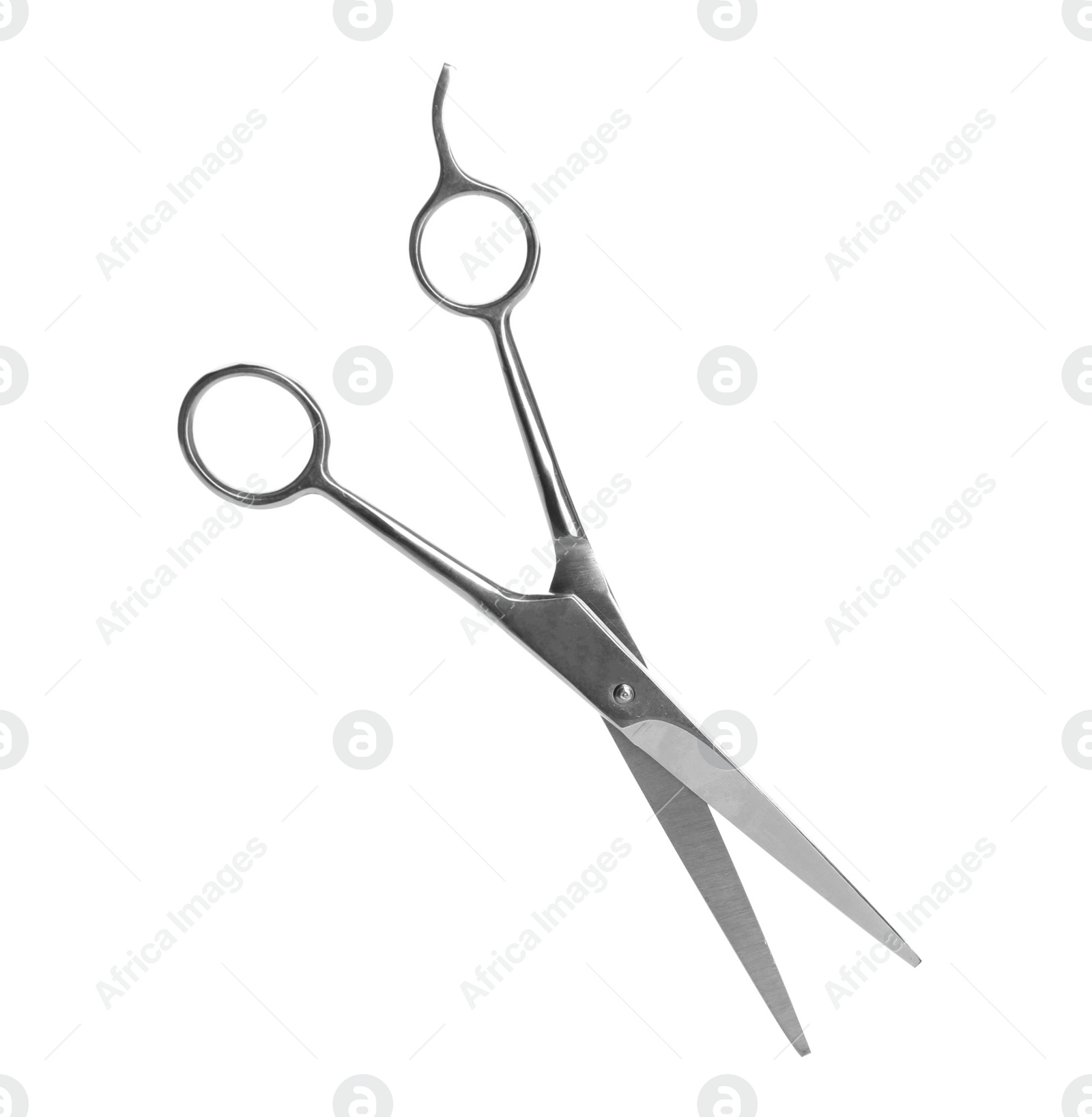 Photo of Pair of sharp hairdresser's scissors on white background