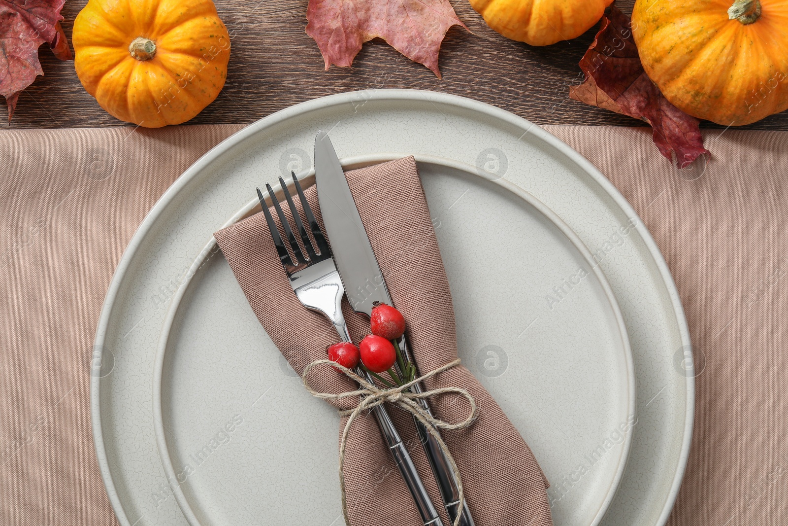 Photo of Thanksgiving day. Beautiful table setting and autumn decoration, flat lay