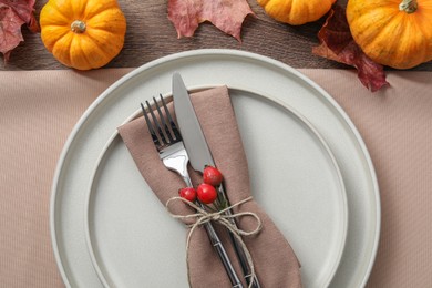 Thanksgiving day. Beautiful table setting and autumn decoration, flat lay