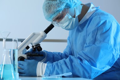 Scientist working with microscope in laboratory. Medical research