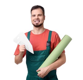 Photo of Man with wallpaper roll and spatula on white background