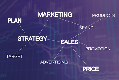 Image of Marketing strategy scheme on dark blue background with charts
