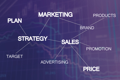 Marketing strategy scheme on dark blue background with charts