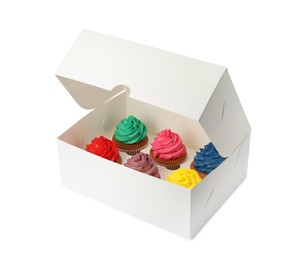 Photo of Box with different cupcakes on white background