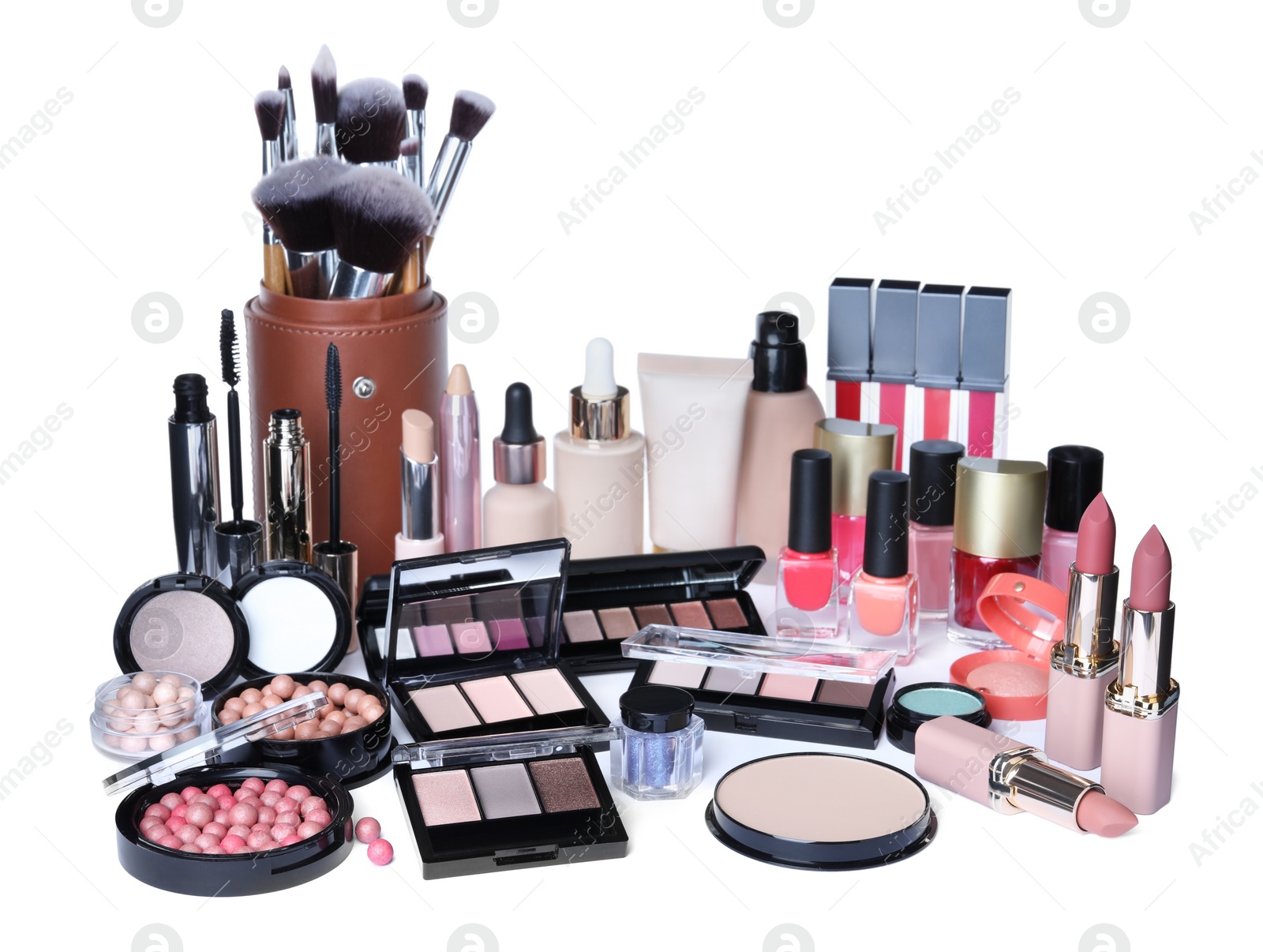 Photo of Different luxury decorative cosmetics on white background