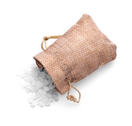 Photo of Overturned sack with natural sea salt isolated on white, top view