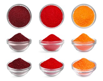 Collage of different powdered food coloring in bowls isolated on white, top and side views