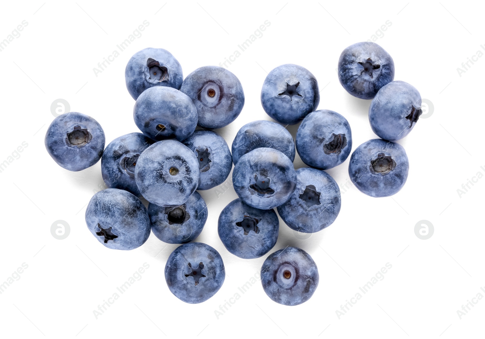 Photo of Pile of tasty fresh ripe blueberries on white background, top view