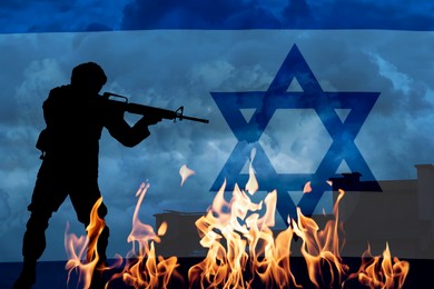 Image of Silhouette of military, flag of Israel, flame and house, double exposure