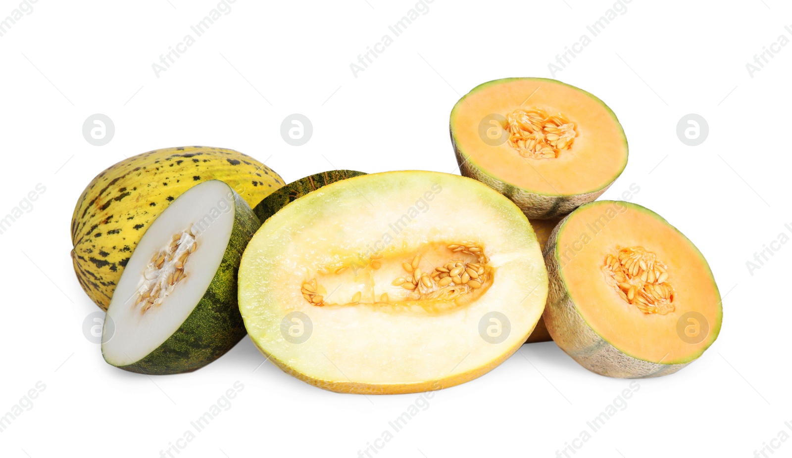 Photo of Tasty colorful ripe melons on white background