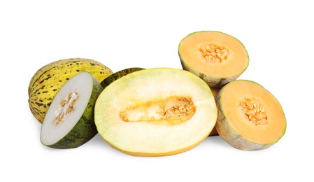 Photo of Tasty colorful ripe melons on white background