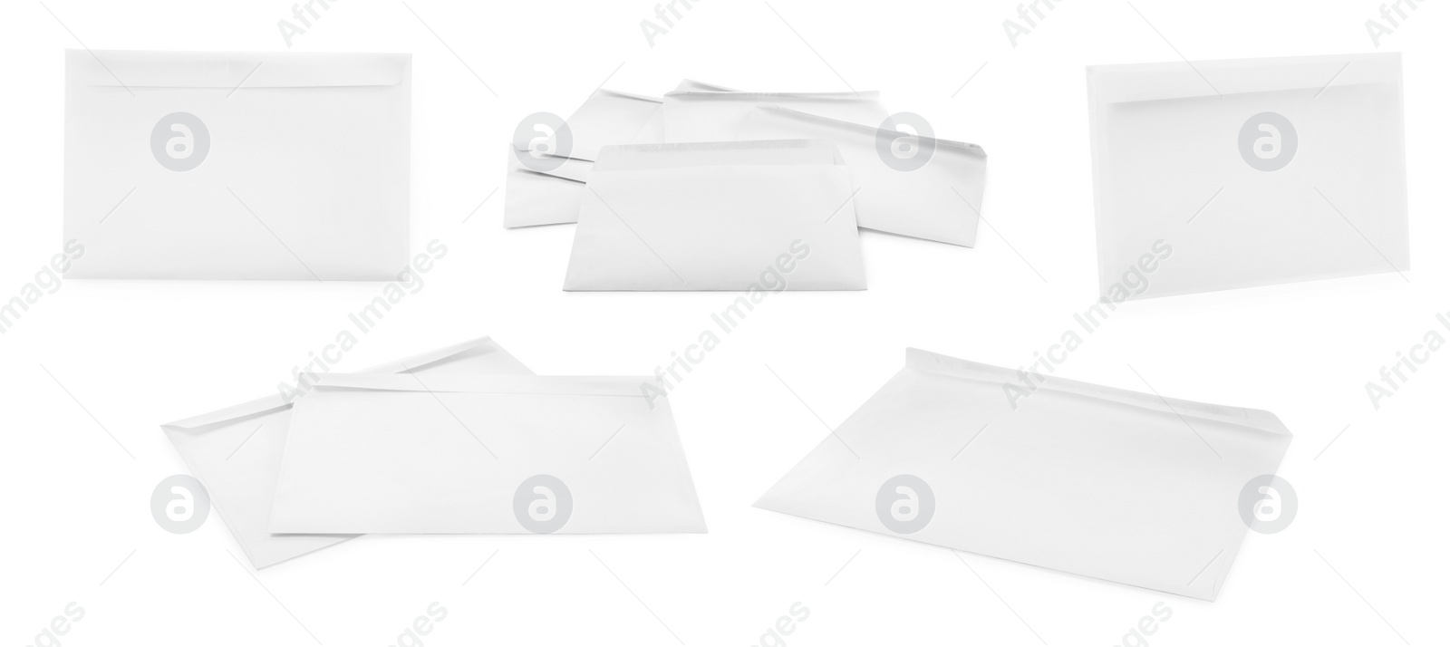 Image of Set with blank paper envelopes on white background. Banner design