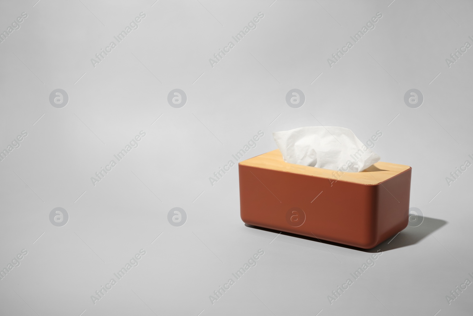 Photo of Holder with paper tissues on light grey background. Space for text