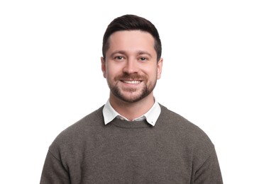 Portrait of handsome bearded businessman on white background