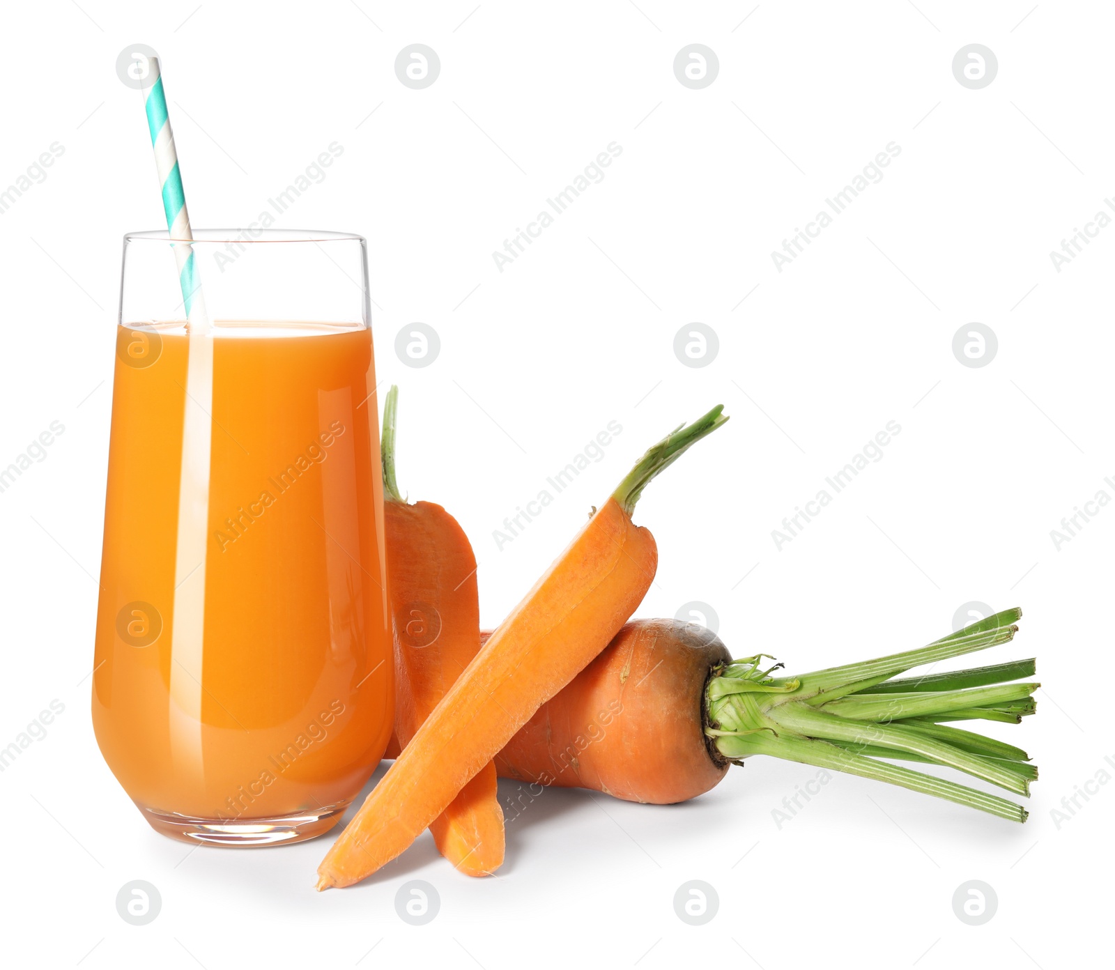 Photo of Freshly made carrot juice on white background