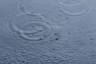 Photo of Rain drops falling down into puddle outdoors