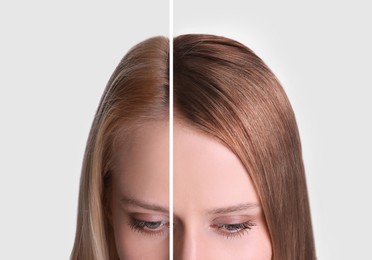 Image of Closeup view of young woman before and after hair dyeing on light background, collage