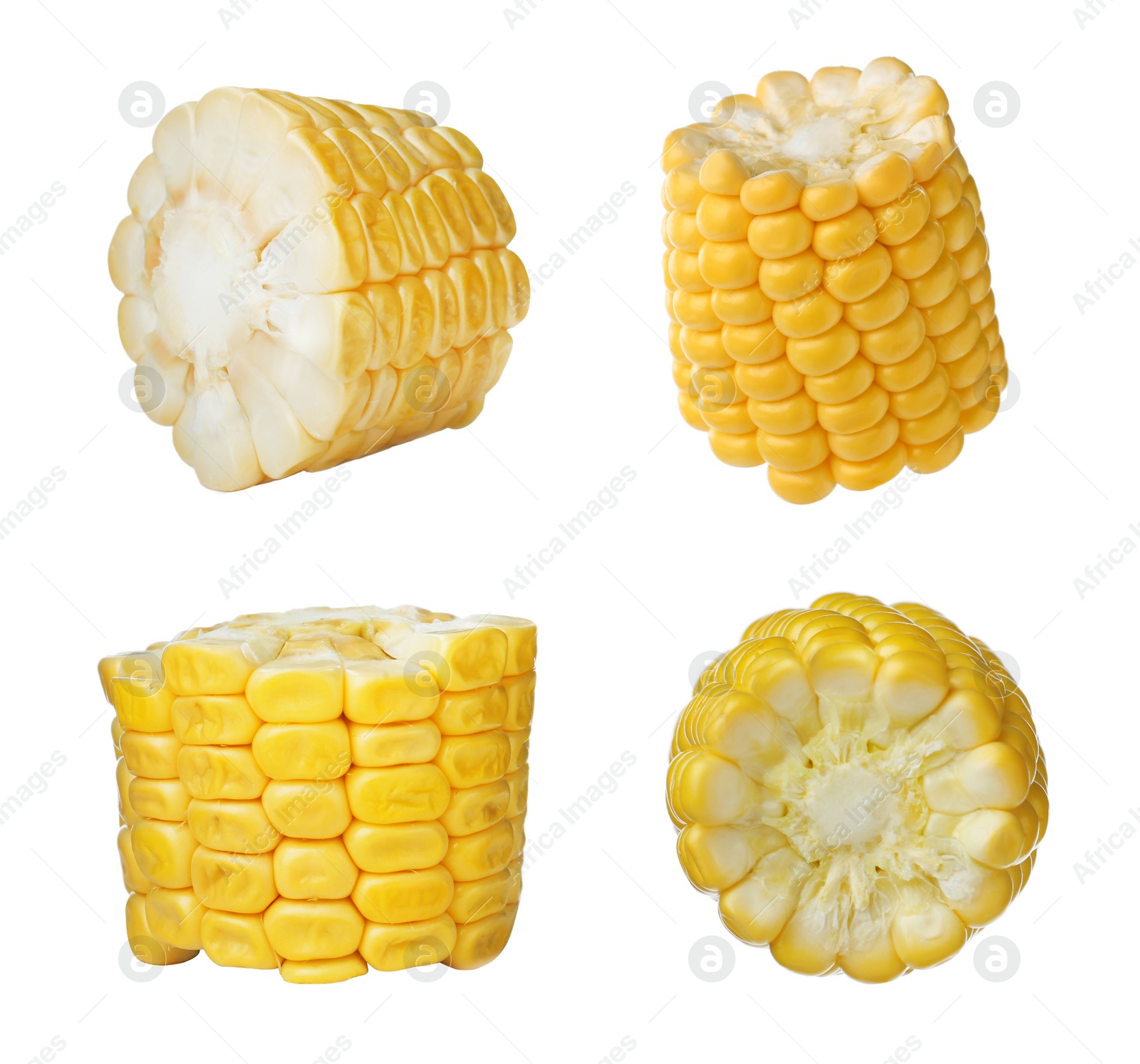 Image of Set with tasty ripe corn cobs on white background