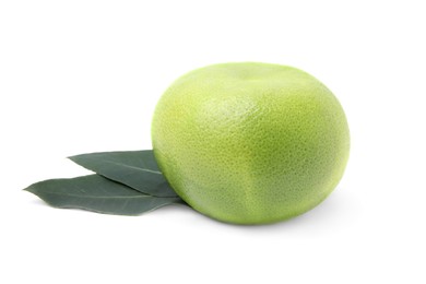 Fresh ripe sweetie with green leaves on white background